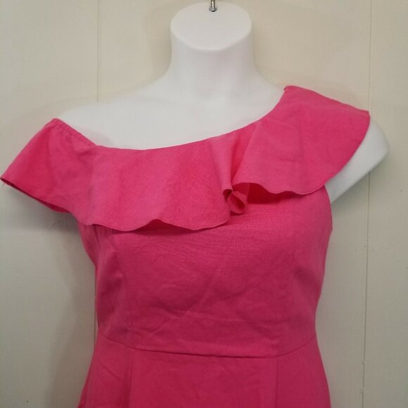 Asos Hot Pink Dress Off Shoulder Linen Pockets US8 Skater Fit Flare A Line - Picture 2 of 6
